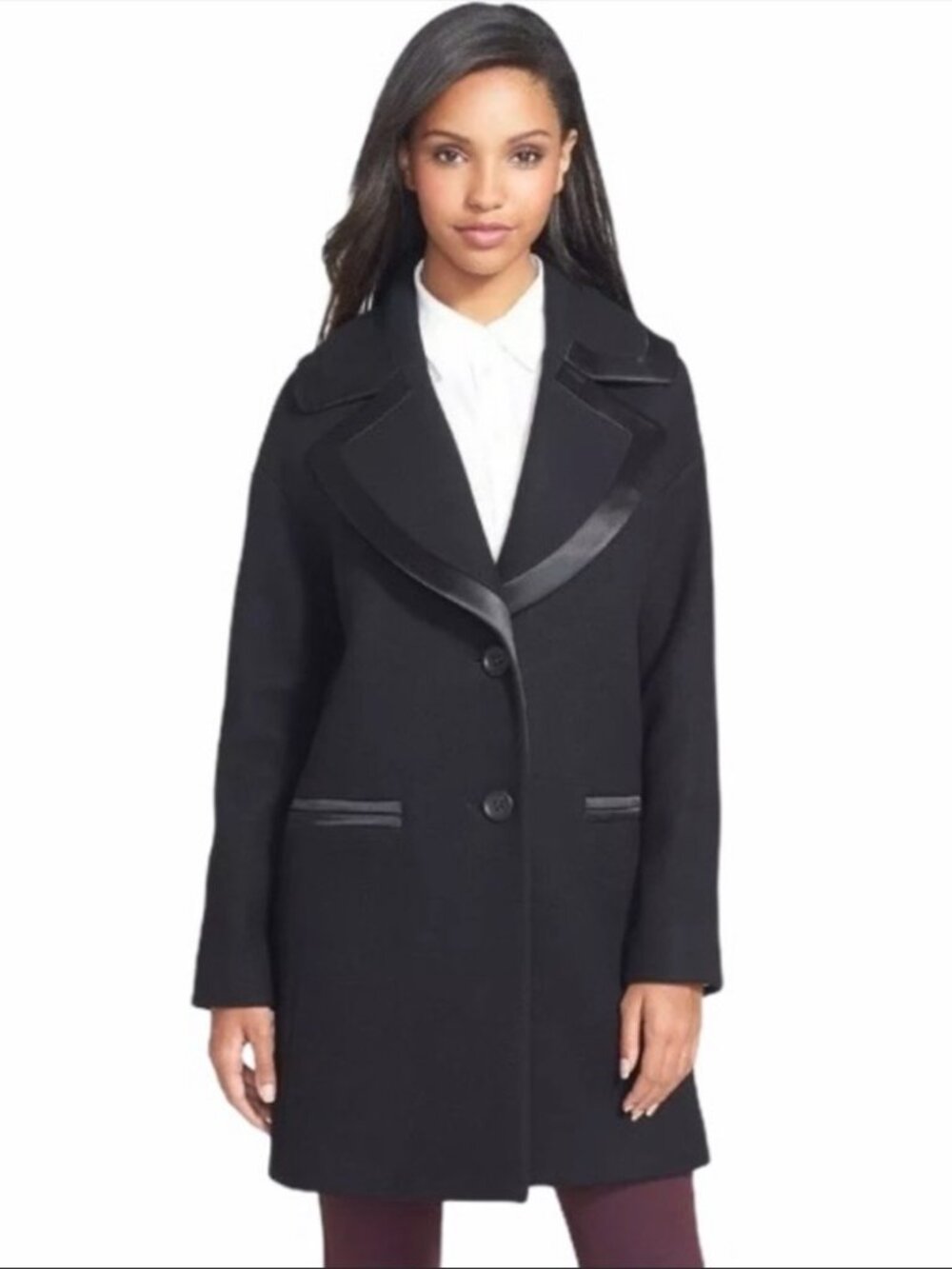 Vera Wang Satin Trim Wool & Cashmere Blend Single Breasted Coat sz Large